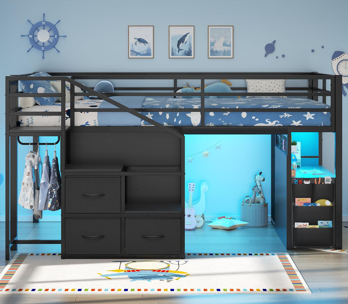 Twin Low Loft Bed with Stairs, Desk, 6 Storage Drawers, Black C49833