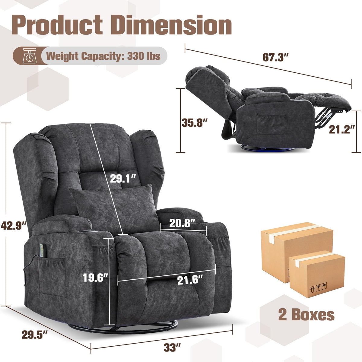 Velvet Gray Swivel Rocker Recliner with Massage and Heat B314