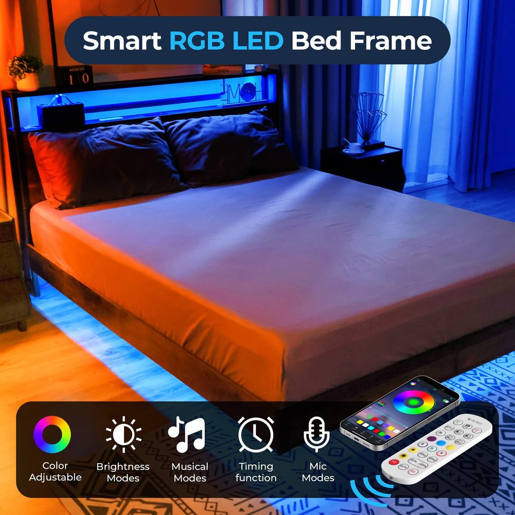 Queen Size Metal Platform Bed Frame with Storage Headboard L14452