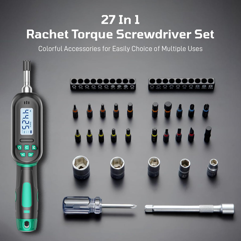 Digital Torque Screwdriver Set, 1/4″ Drive, 19 Bits, 5 Short Sockets E4533