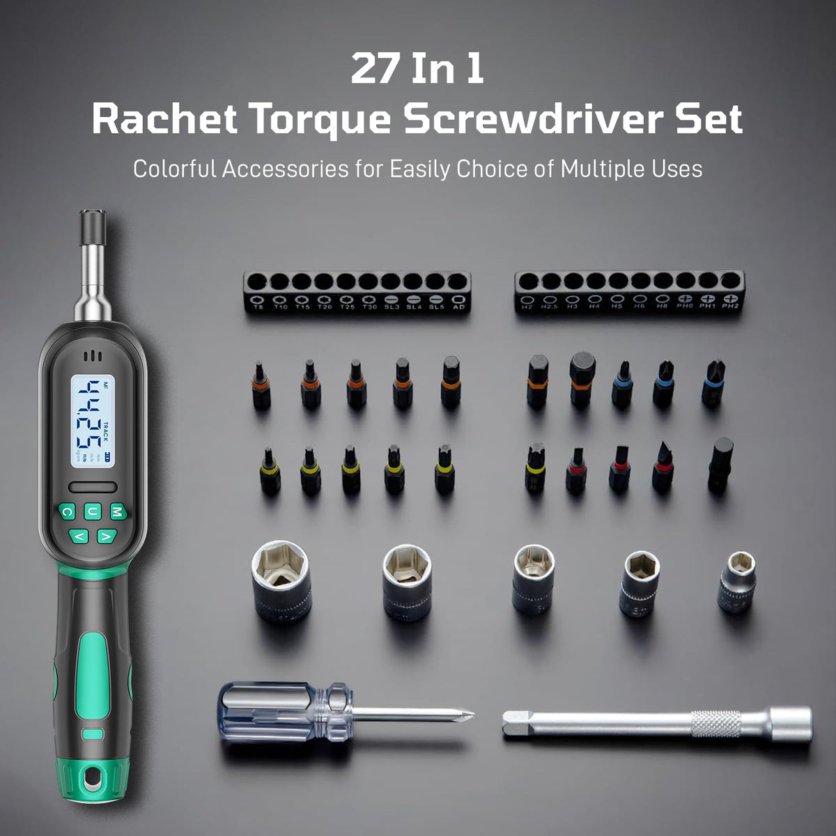 Digital Torque Screwdriver Set, 1/4″ Drive, 19 Bits, 5 Short Sockets E4533
