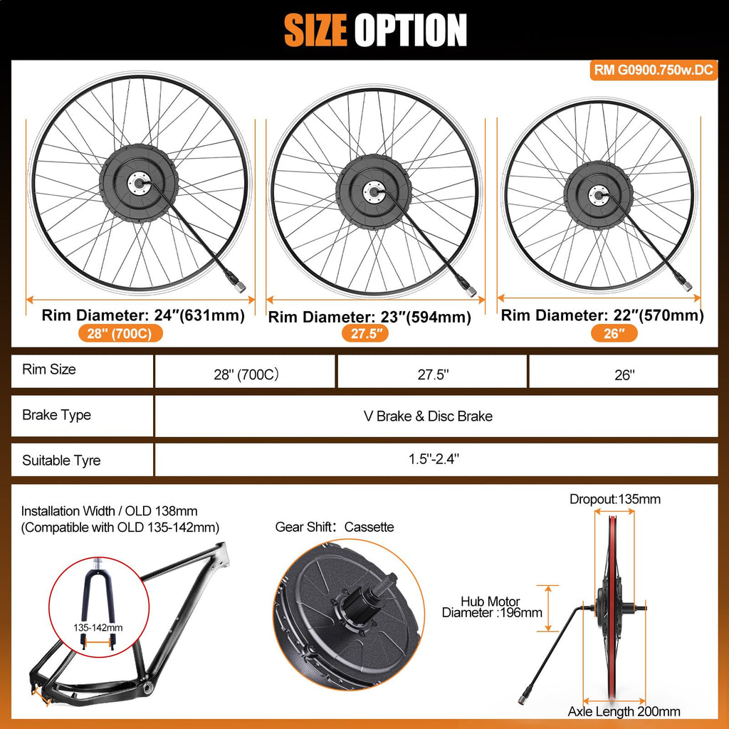 48V 750W Electric Bicycle Conversion Kit Rear Hub Motor Wheel K469