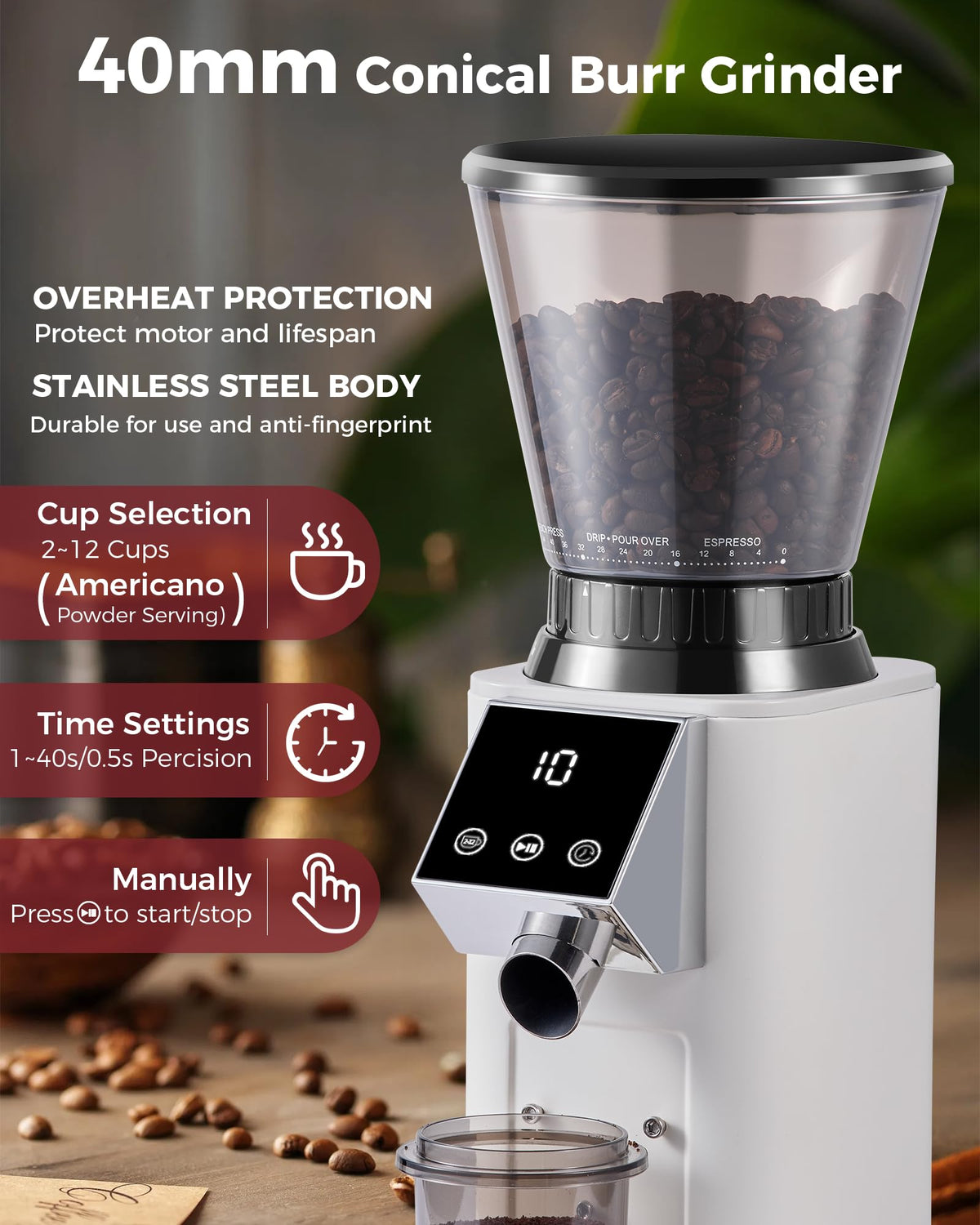 Conical Burr Coffee Grinder, 48 Grind Settings, Ivory M68820