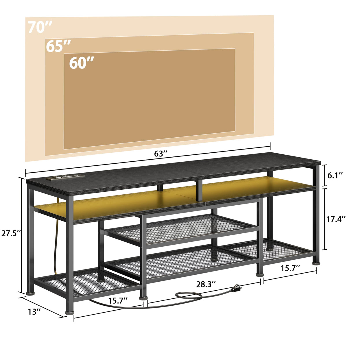 63 Inch TV Stand with Power Outlets & LED Lights, Black V2326