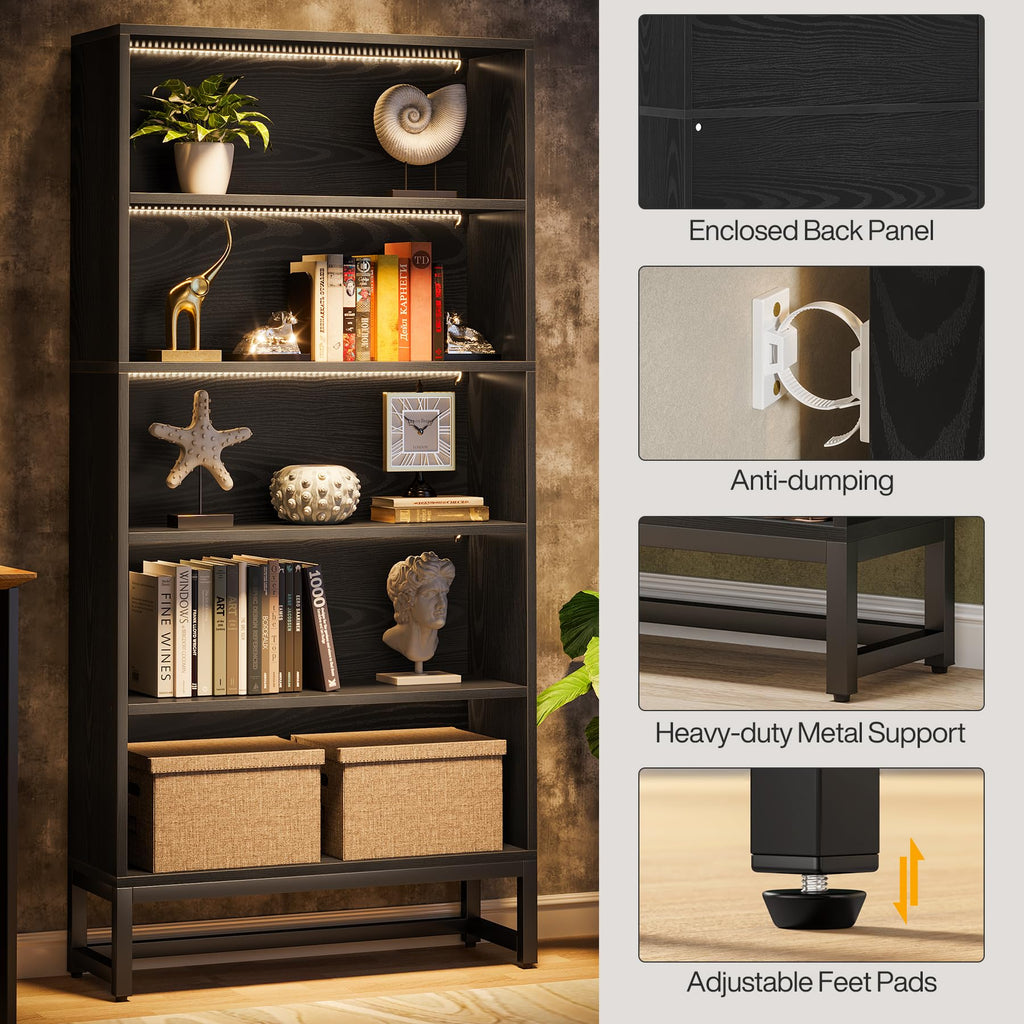 Black 70.8” 5-Tier Bookcase with LED Lights I9762