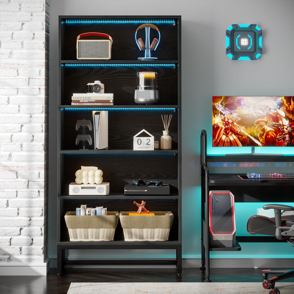Black 70.8” 5-Tier Bookcase with LED Lights I9762
