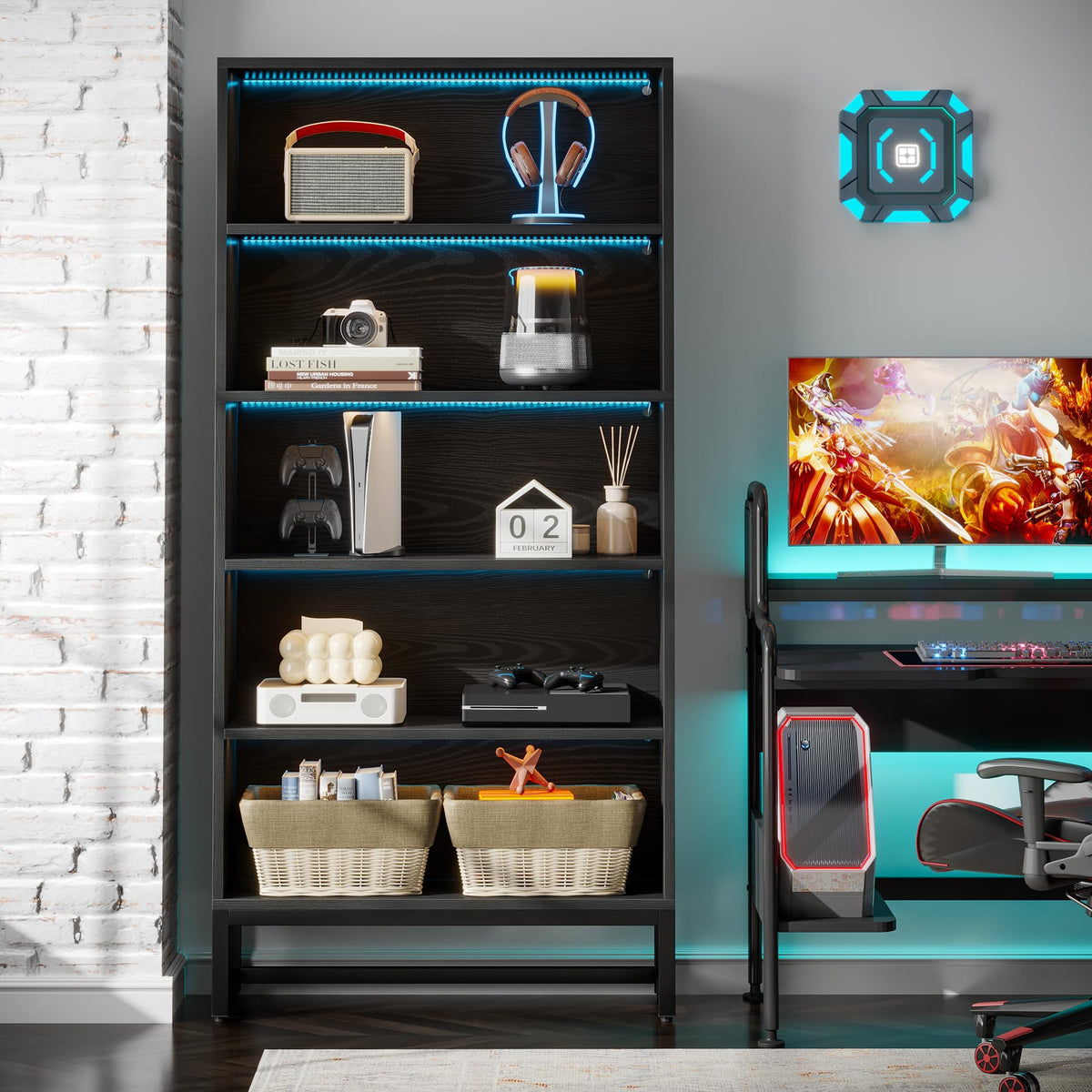 Black 70.8” 5-Tier Bookcase with LED Lights I9762