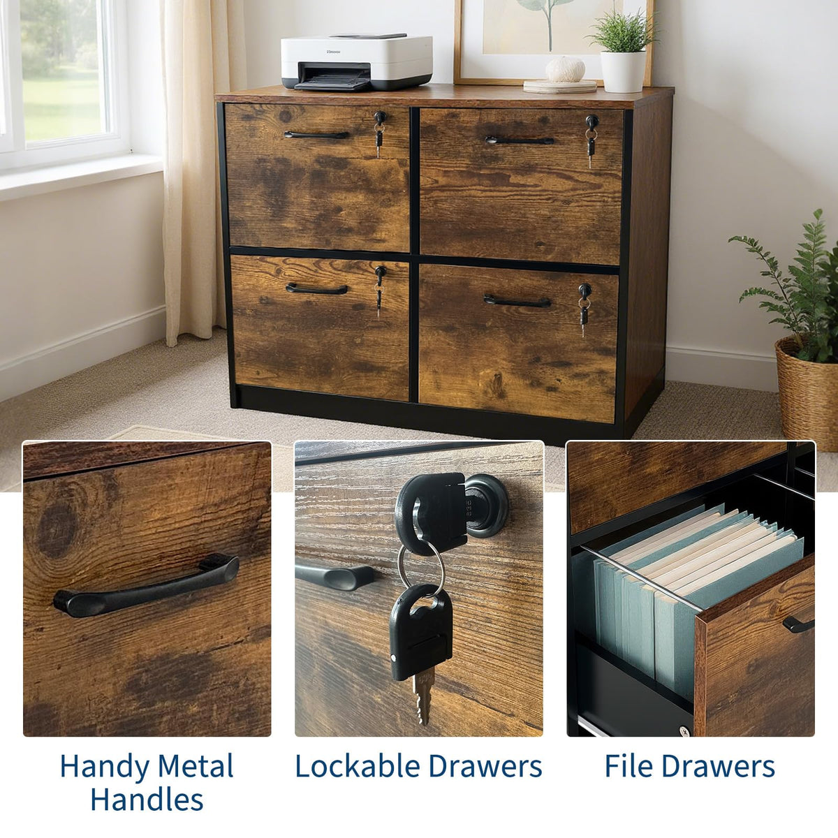 4 Drawer Wooden Lockable File Cabinet B5844