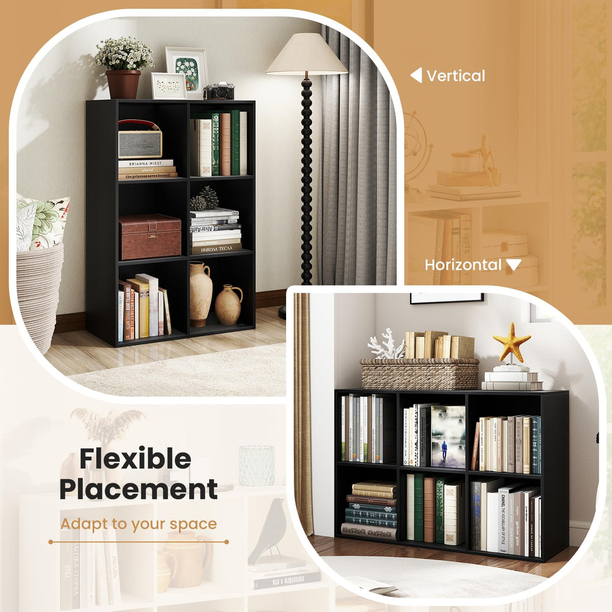 Black 6-Cube 3-Tier Bookcase H7459
