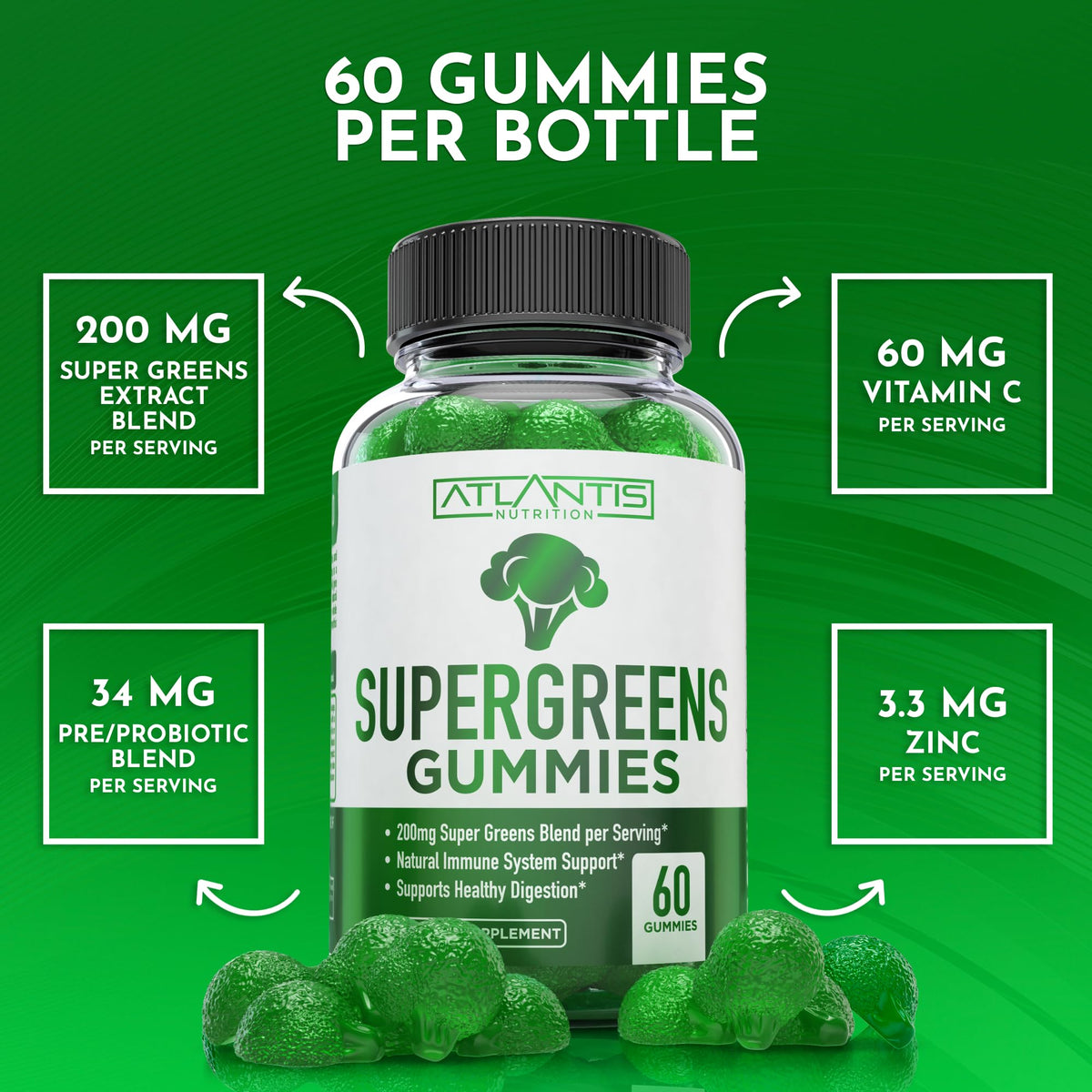 Supergreens Gummies Supplement with Spinach, Broccoli, Moringa, Beet Root, Celery, Green Tea, & Acai, Natural Raspberry Flavor, 60 cnt O70529