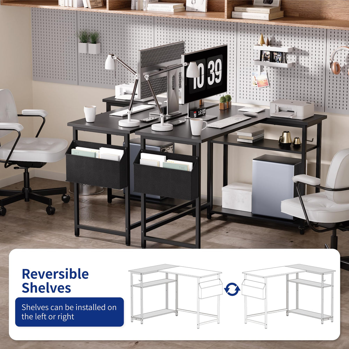 40 Inch L Shaped Computer Desk with Reversible Storage Shelves White K38629
