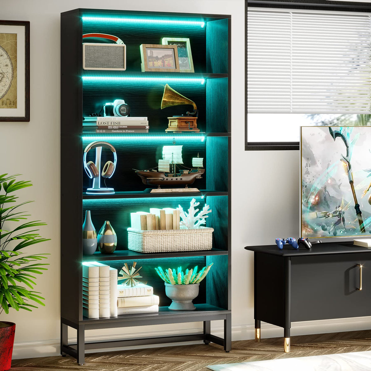 Black 70.8” 5-Tier Bookcase with LED Lights I9762