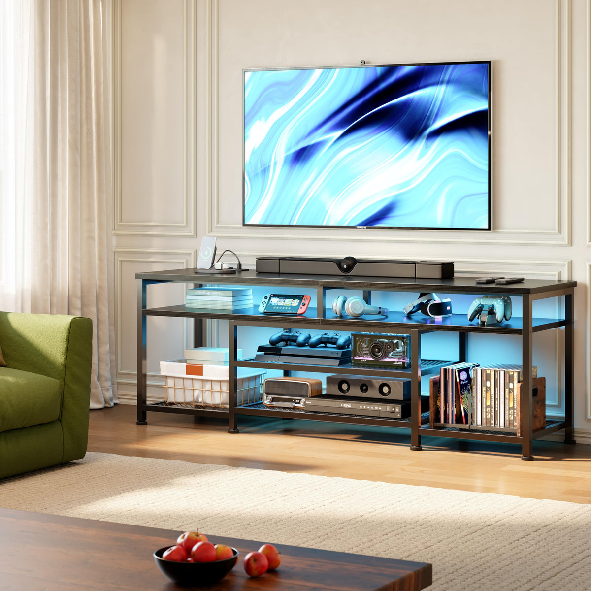 63 Inch TV Stand with Power Outlets & LED Lights, Black V2326