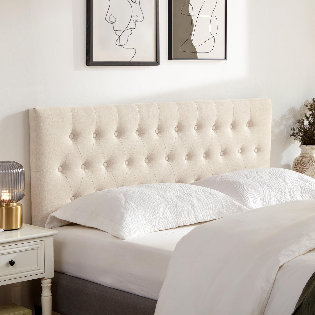 Beige Tufted Upholstered Queen Size Headboard S3401