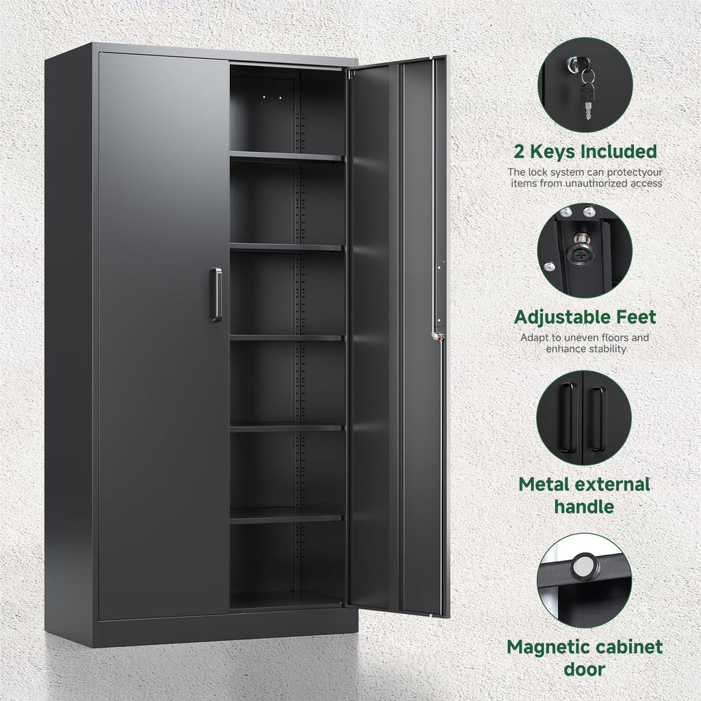 Metal Garage Storage Cabinets with Lock, 72 Tall Steel Lockers, 5 Adjustable Shelves, Black I424286