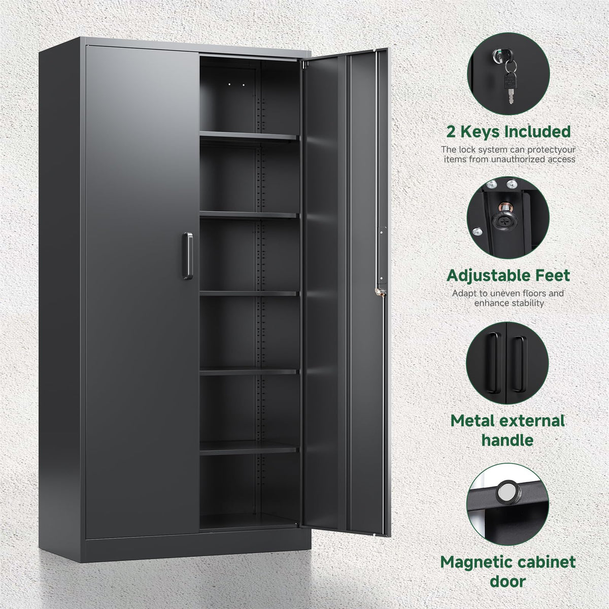 Metal Garage Storage Cabinets with Lock, 72 Tall Steel Lockers, 5 Adjustable Shelves, Black I424286