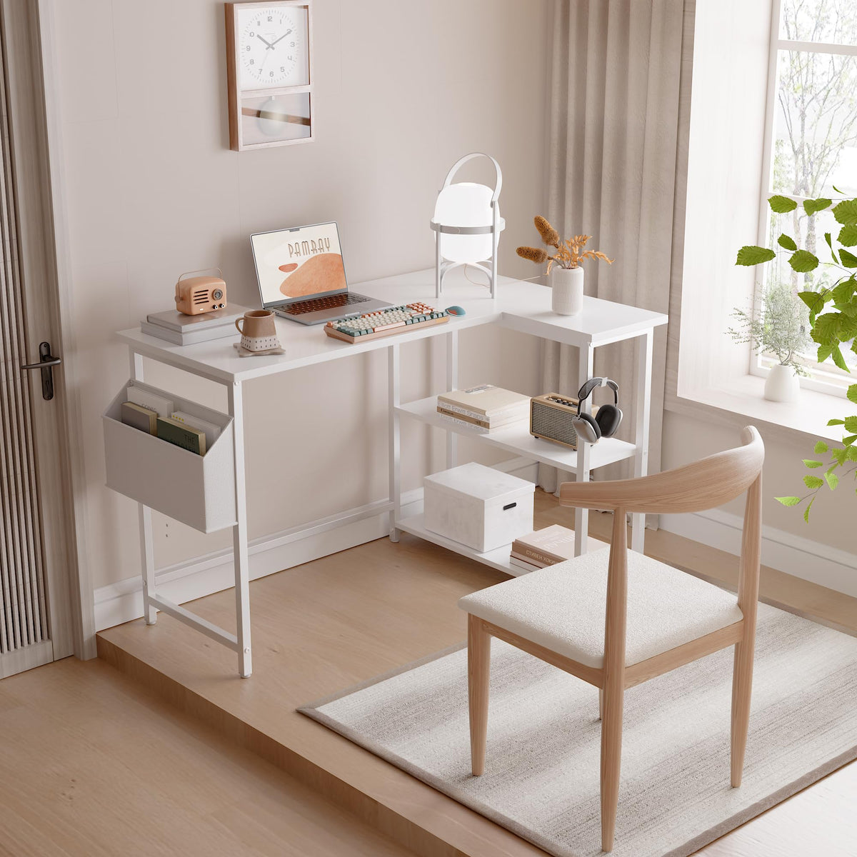 40 Inch L Shaped Computer Desk with Reversible Storage Shelves White K38629