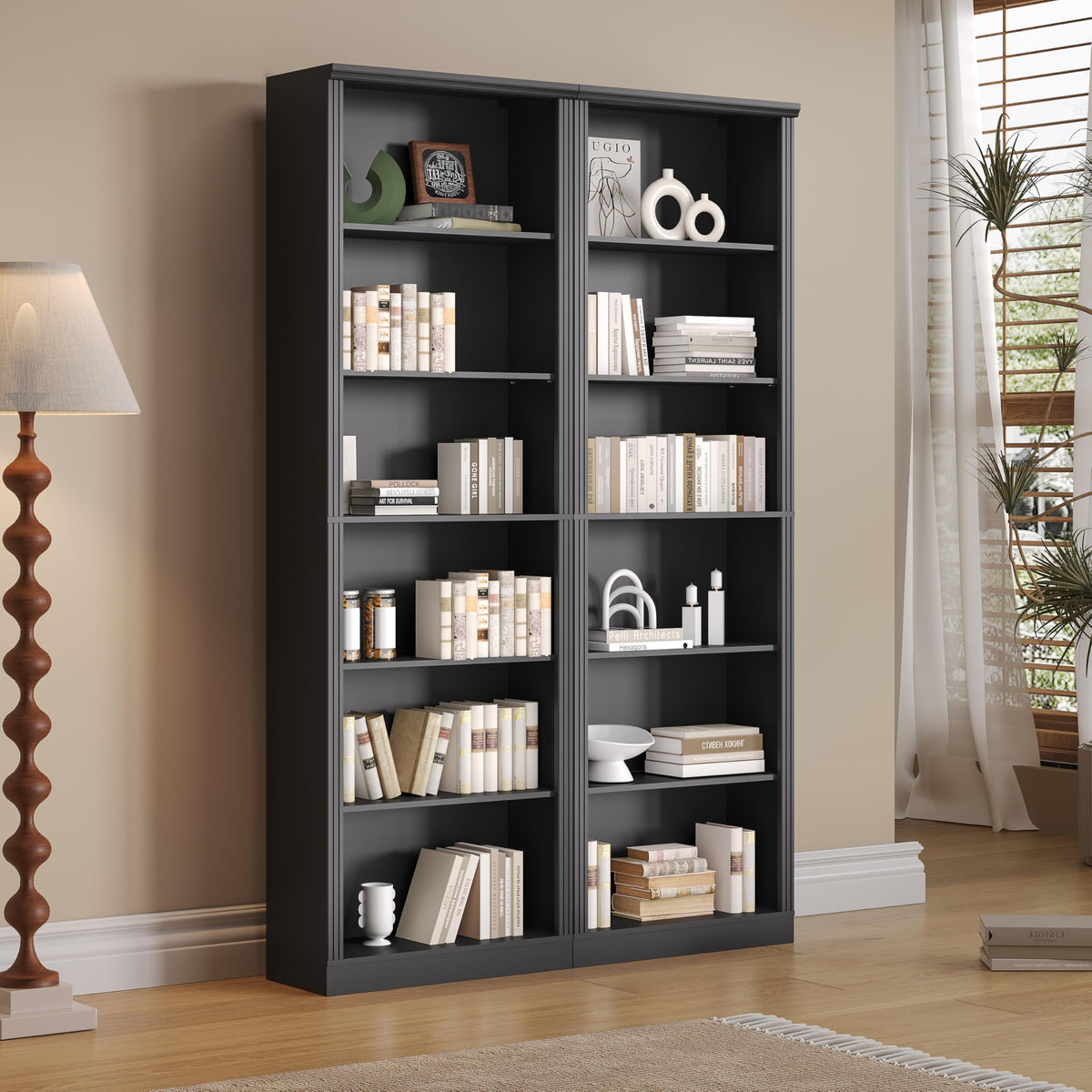 Black 75" Tall 6 Tier Adjustable Bookshelf J56688