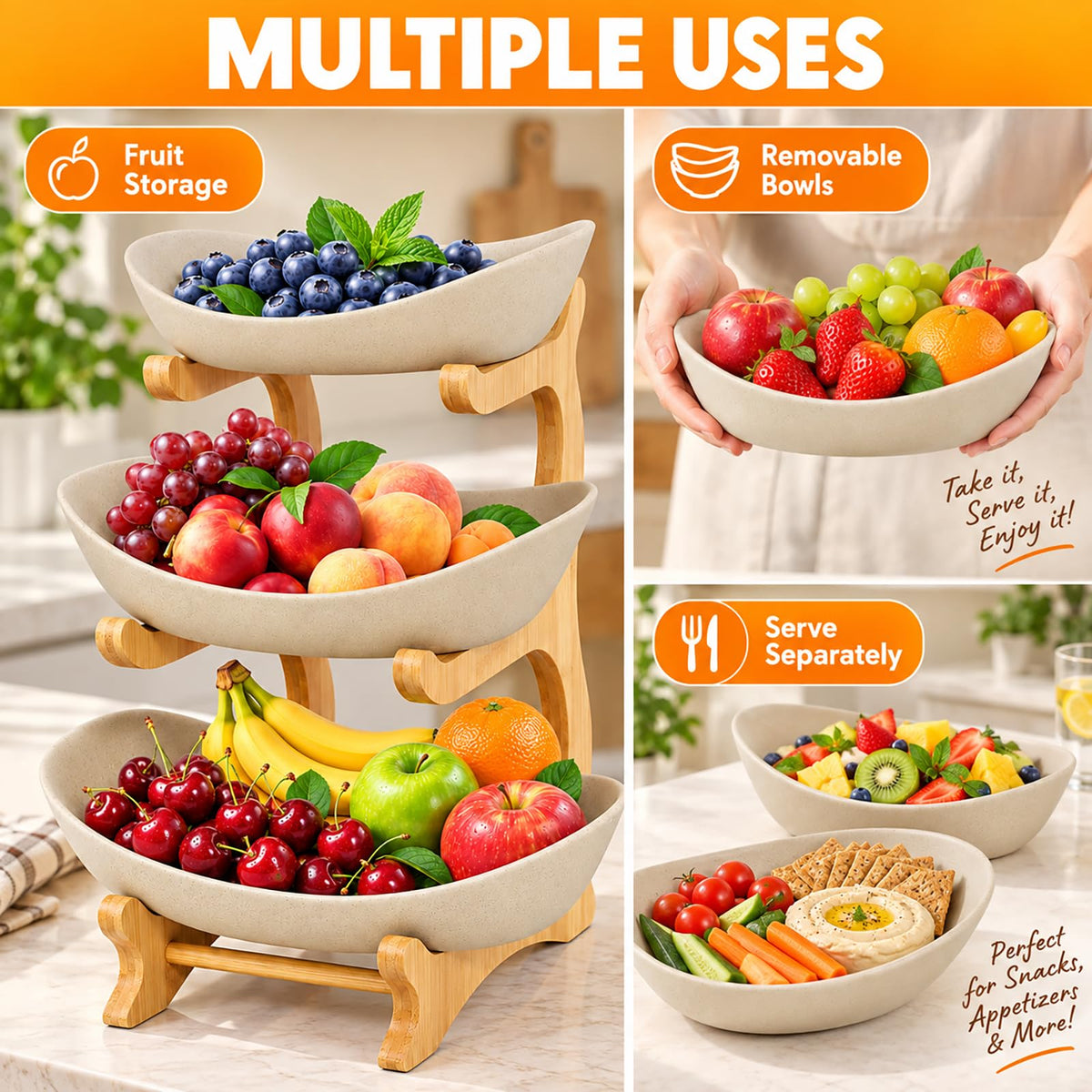 3 Tier Ceramic Fruit Basket with Bamboo Stand K79413