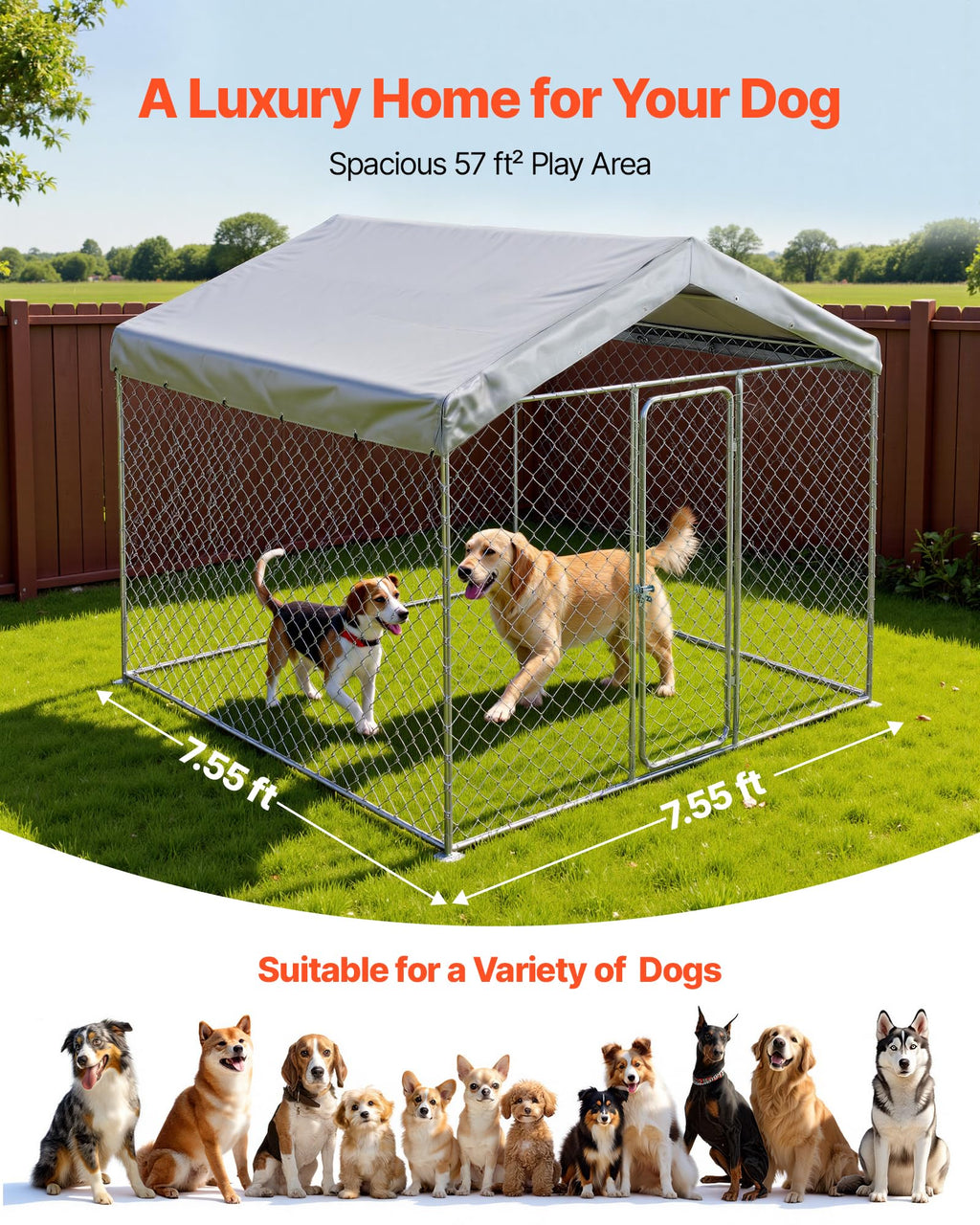 7.55 x 7.55 x 7.05 ft Outdoor Dog Kennel with Roof Cover O37713
