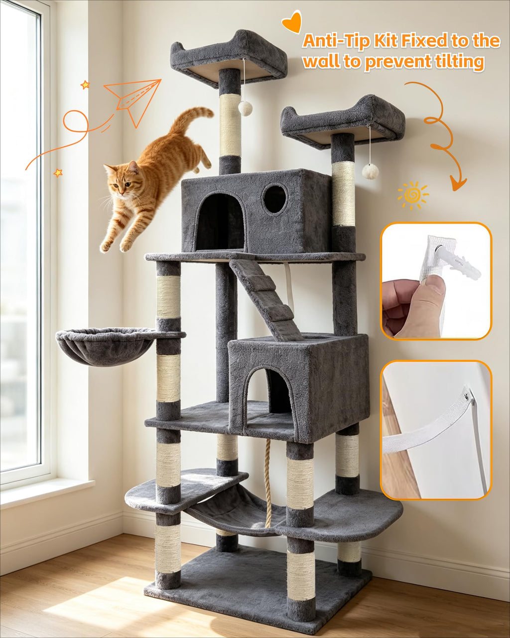 70" Cat Tree with 2 Condos and Wide Perches, Gray J247960