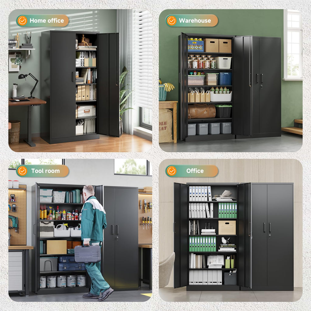 Metal Garage Storage Cabinets with Lock, 72 Tall Steel Lockers, 5 Adjustable Shelves, Black I424286