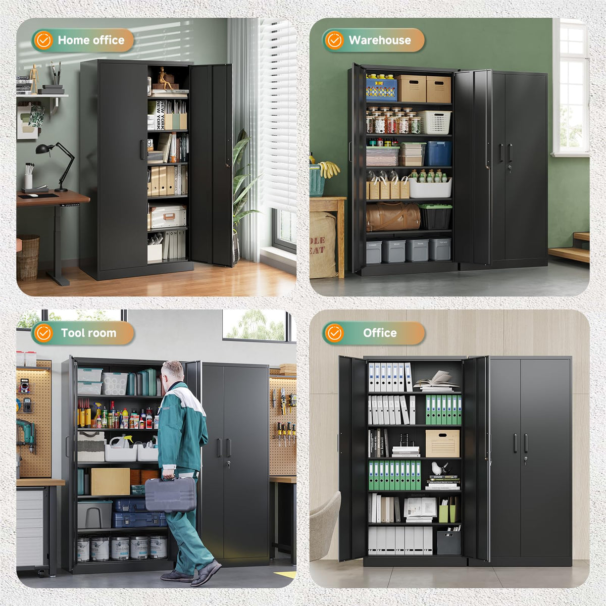 Metal Garage Storage Cabinets with Lock, 72 Tall Steel Lockers, 5 Adjustable Shelves, Black I424286