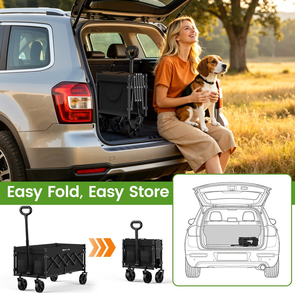 35" Extra Long Folding Wagon with Adjustable Handle & Wheels, Black A2227