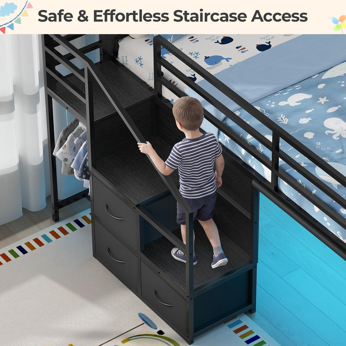Twin Low Loft Bed with Stairs, Desk, 6 Storage Drawers, Black C49833