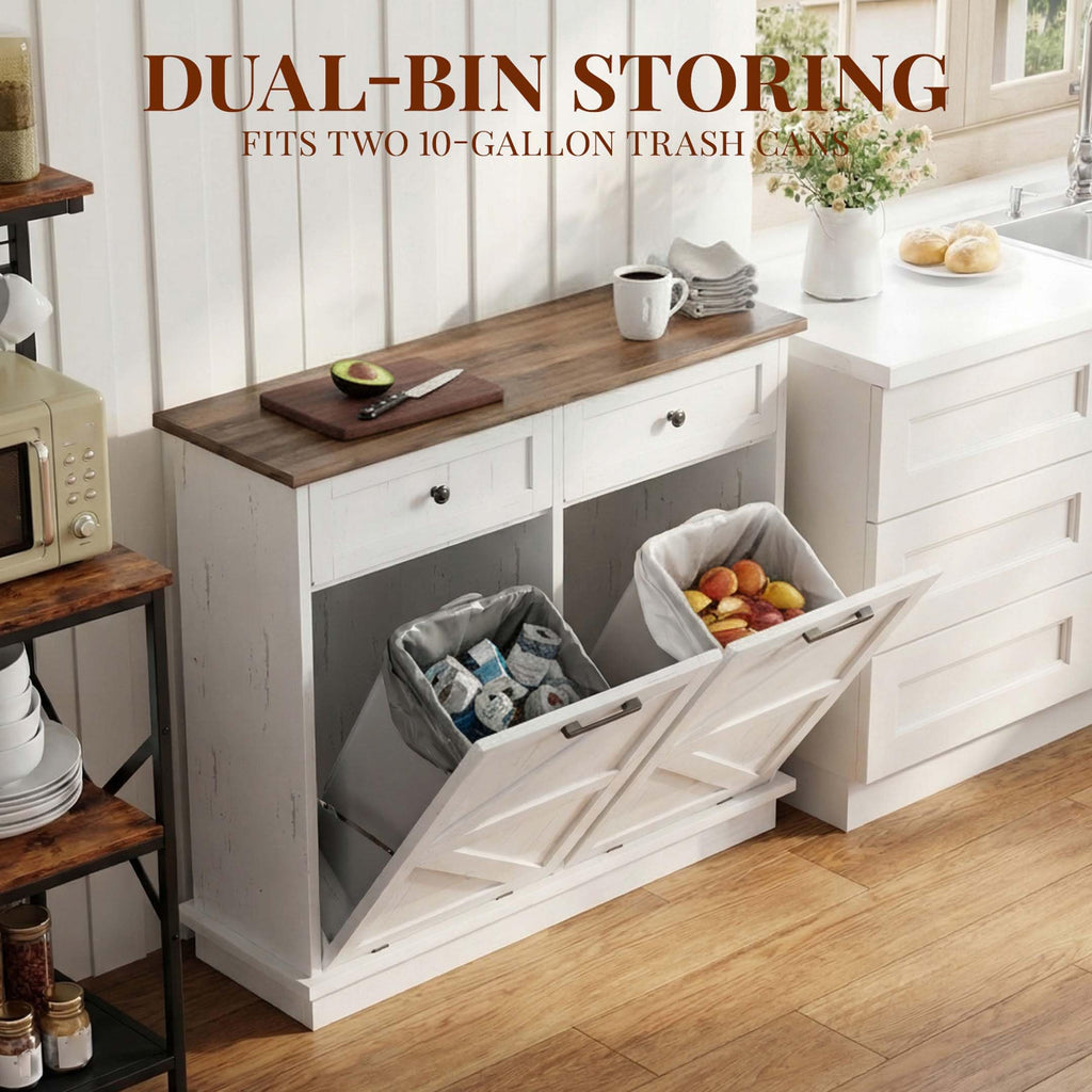 White Double Tilt Out Trash Can Cabinet with 2 Storage Drawers B95427