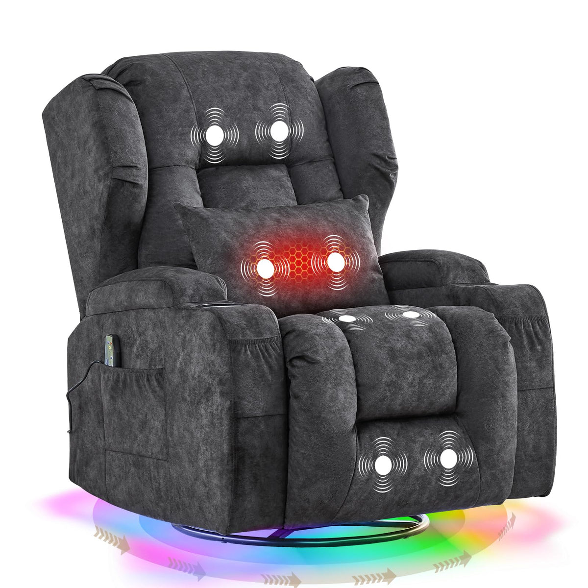 Velvet Gray Swivel Rocker Recliner with Massage and Heat B314
