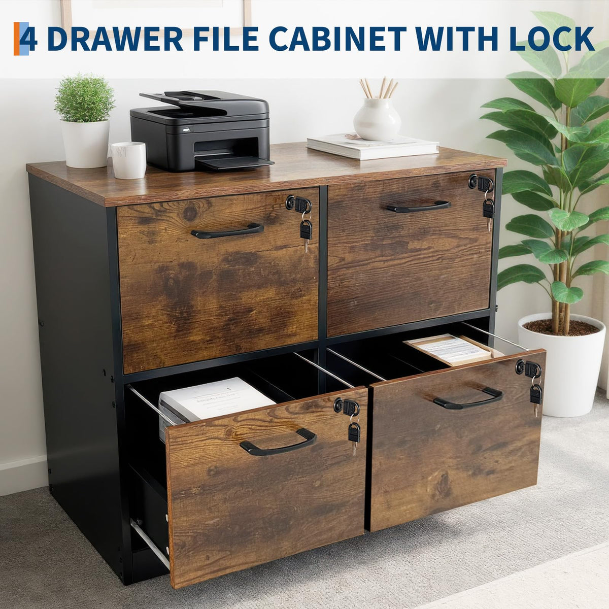 4 Drawer Wooden Lockable File Cabinet B5844