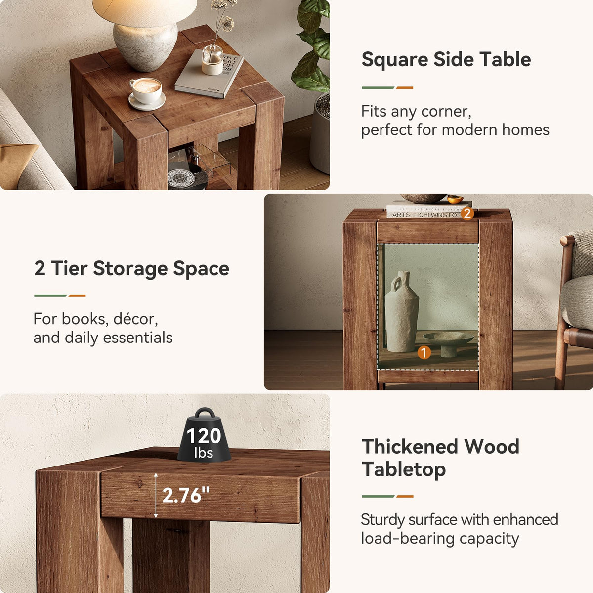 Solid Wood 2-Tier Side Table Set of 2 with Storage Shelves S915498