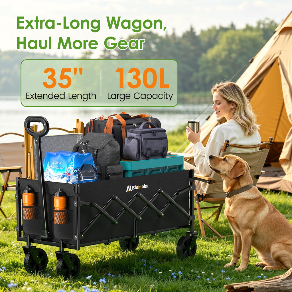 35" Extra Long Folding Wagon with Adjustable Handle & Wheels, Black A2227
