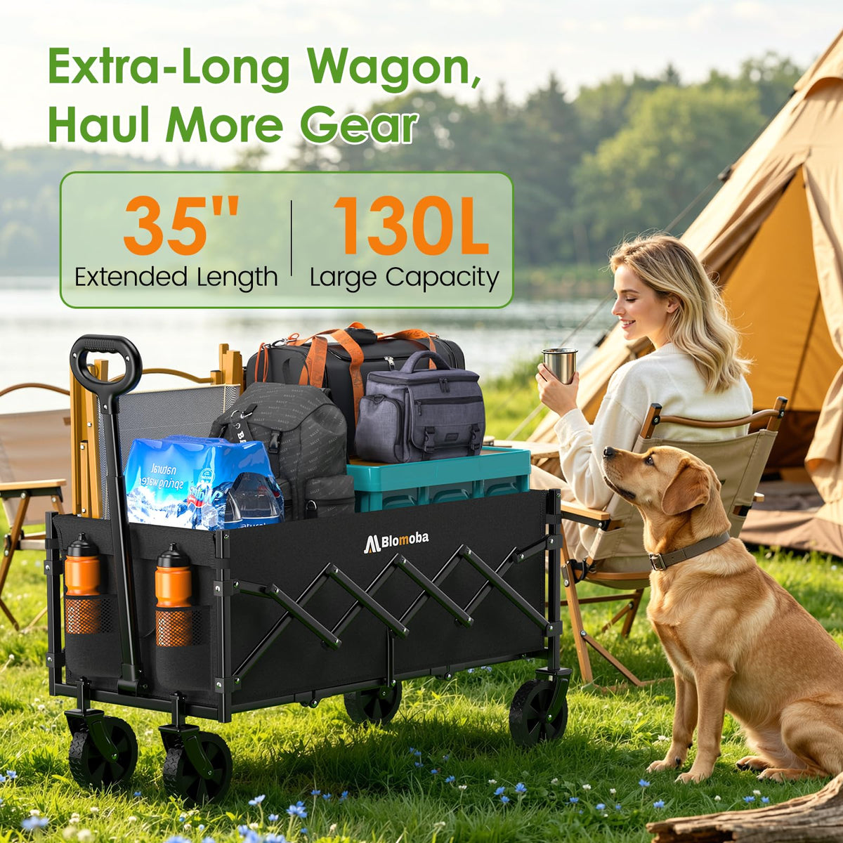 35" Extra Long Folding Wagon with Adjustable Handle & Wheels, Black A2227