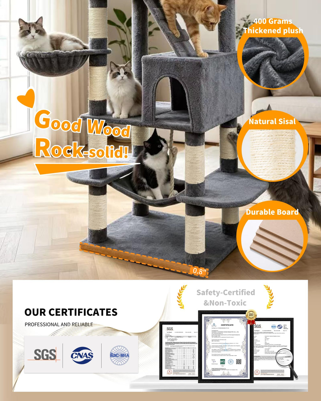 70" Cat Tree with 2 Condos and Wide Perches, Gray J247960
