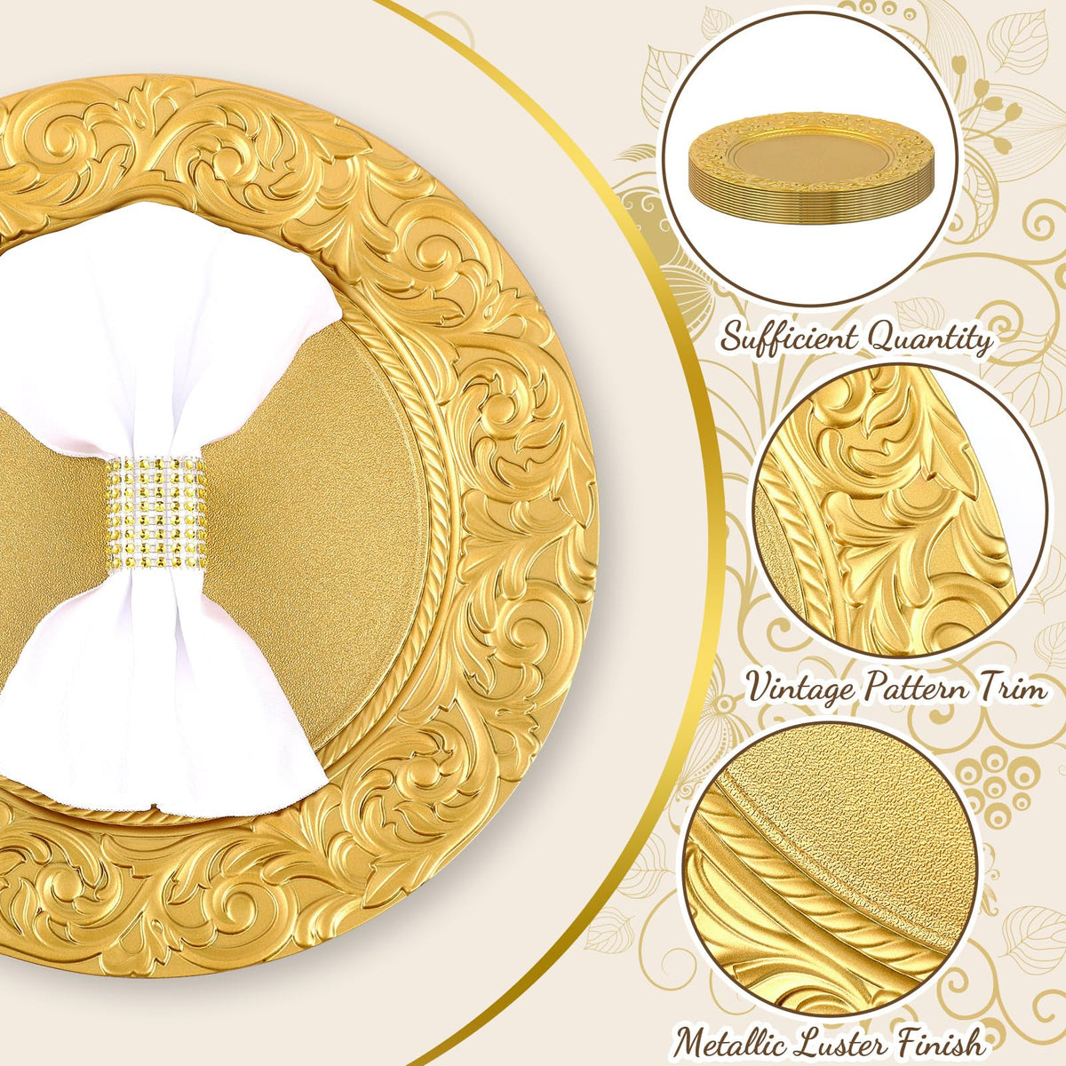 Gold 12 Pcs 13'' Antique Plastic Charger Plates H60612