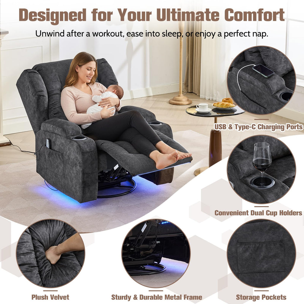 Velvet Gray Swivel Rocker Recliner with Massage and Heat B314