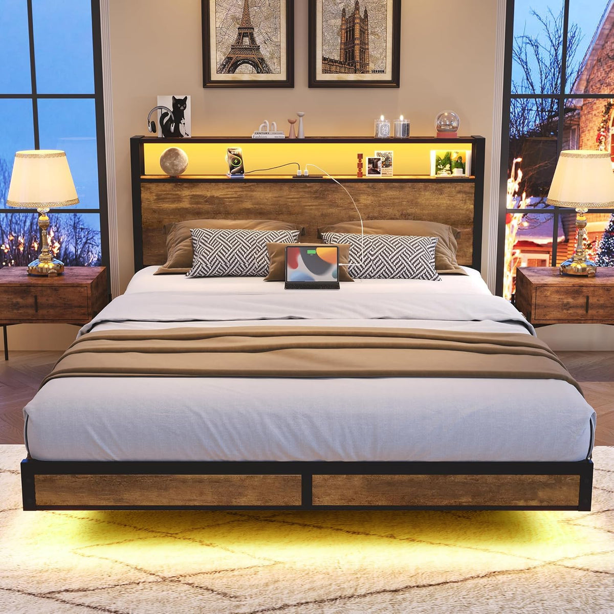 Queen Size Metal Platform Bed Frame with Storage Headboard L14452