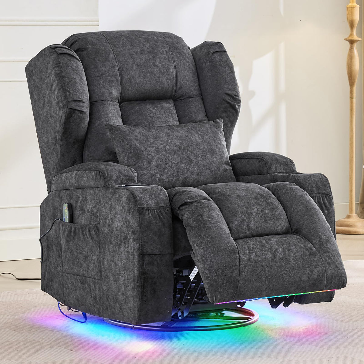 Velvet Gray Swivel Rocker Recliner with Massage and Heat B314