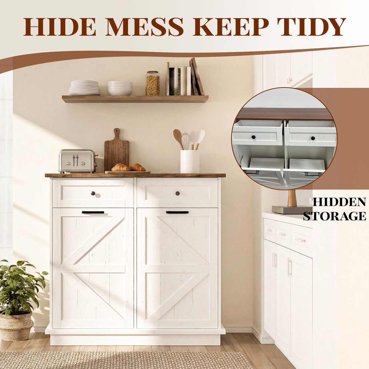 White Double Tilt Out Trash Can Cabinet with 2 Storage Drawers B95427