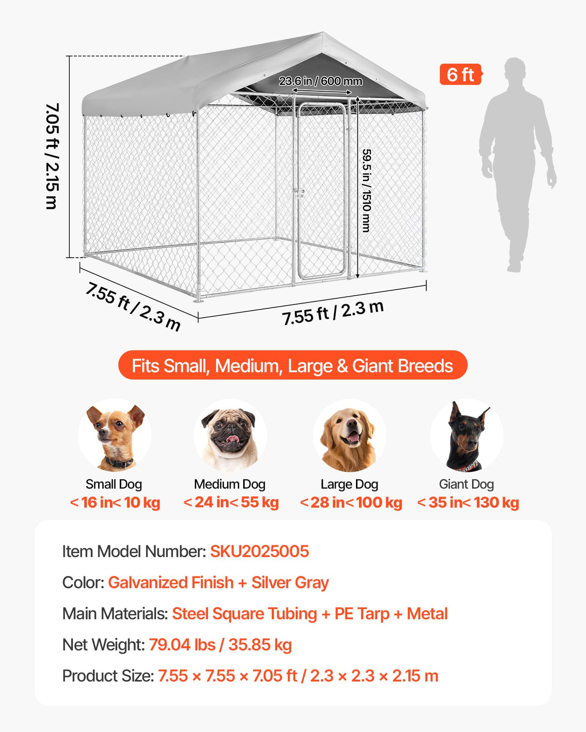 7.55 x 7.55 x 7.05 ft Outdoor Dog Kennel with Roof Cover O37713