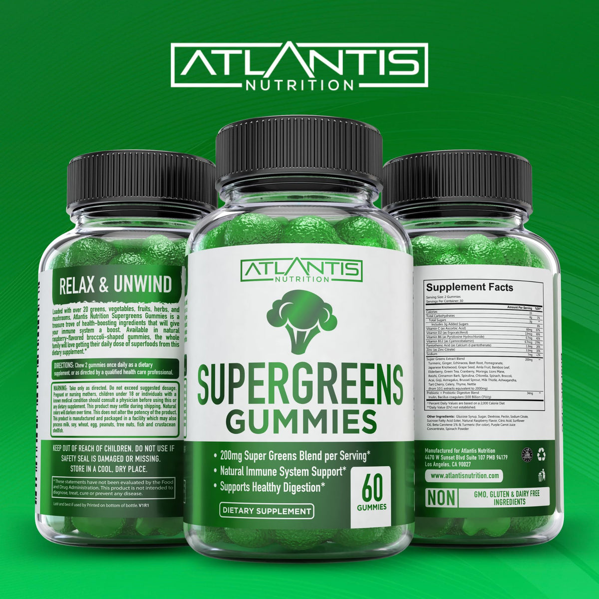 Supergreens Gummies Supplement with Spinach, Broccoli, Moringa, Beet Root, Celery, Green Tea, & Acai, Natural Raspberry Flavor, 60 cnt O70529