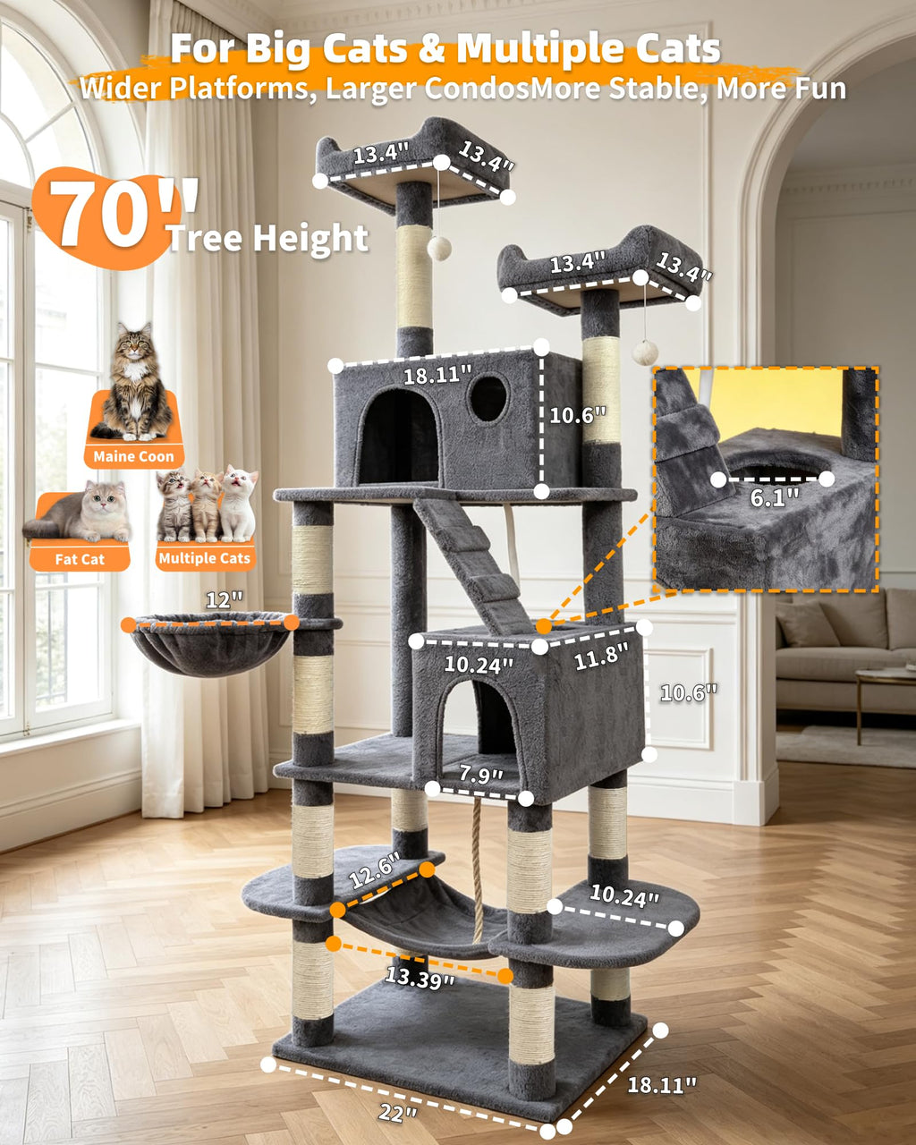 70" Cat Tree with 2 Condos and Wide Perches, Gray J247960