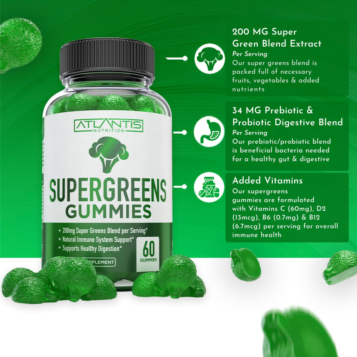 Supergreens Gummies Supplement with Spinach, Broccoli, Moringa, Beet Root, Celery, Green Tea, & Acai, Natural Raspberry Flavor, 60 cnt O70529