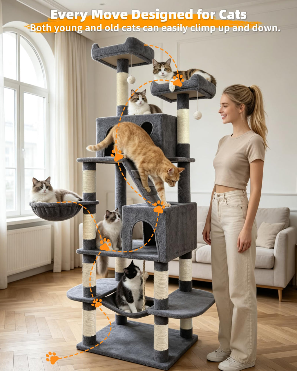 70" Cat Tree with 2 Condos and Wide Perches, Gray J247960
