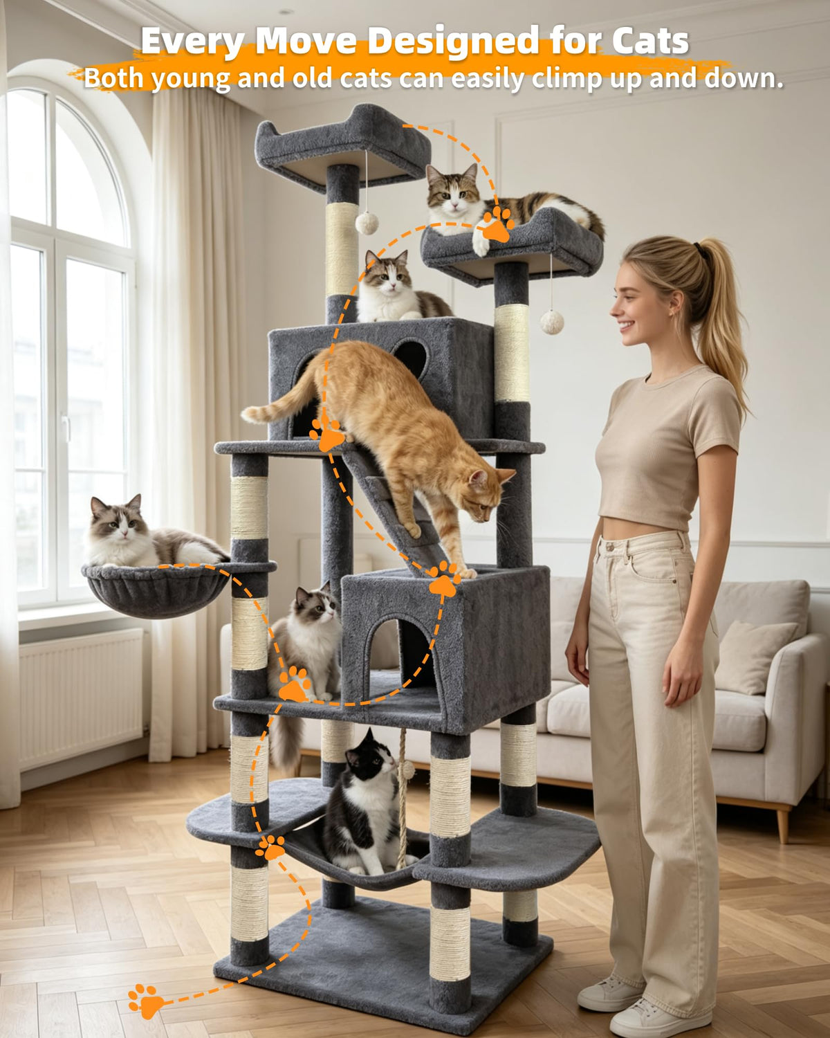 70" Cat Tree with 2 Condos and Wide Perches, Gray J247960