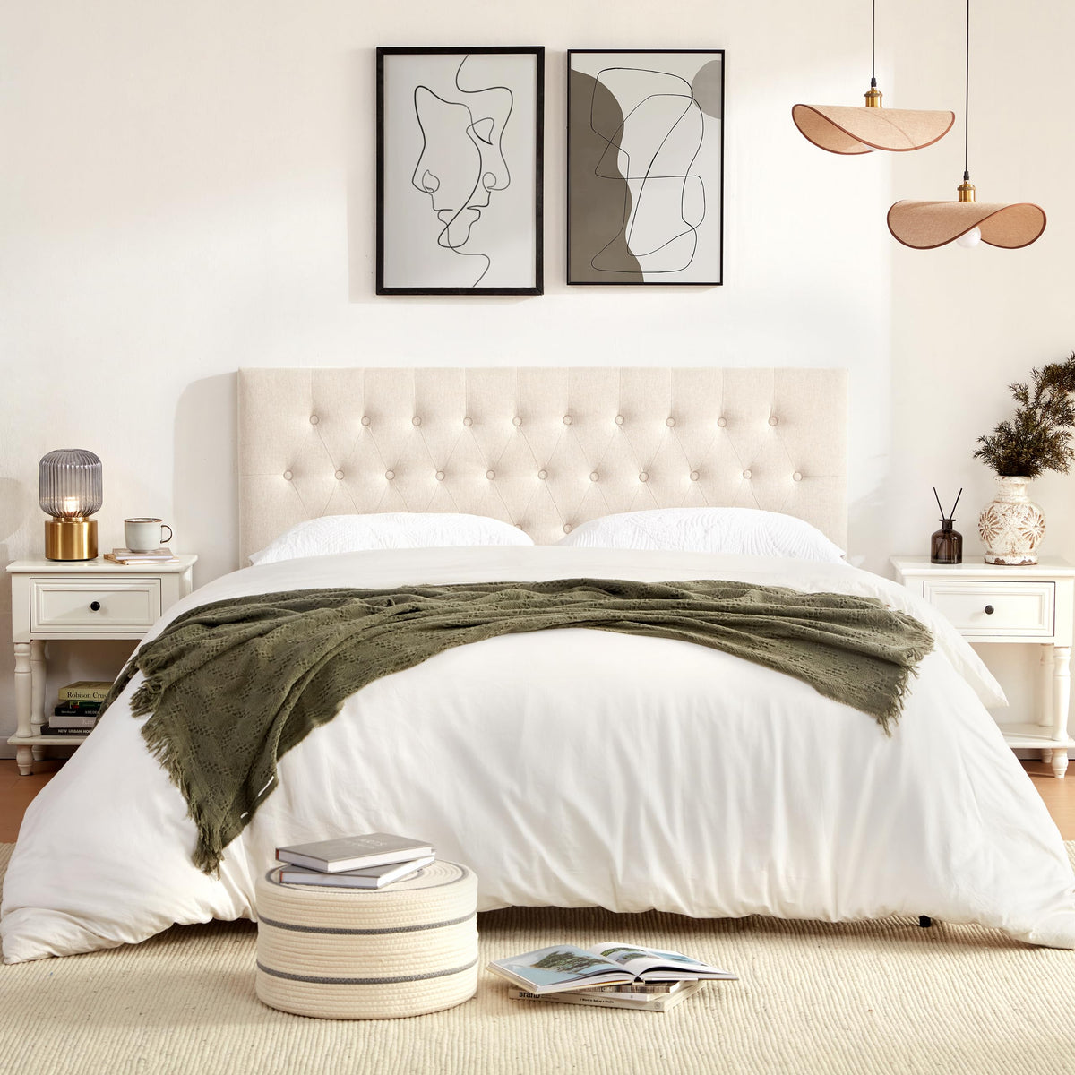 Beige Tufted Upholstered Queen Size Headboard S3401