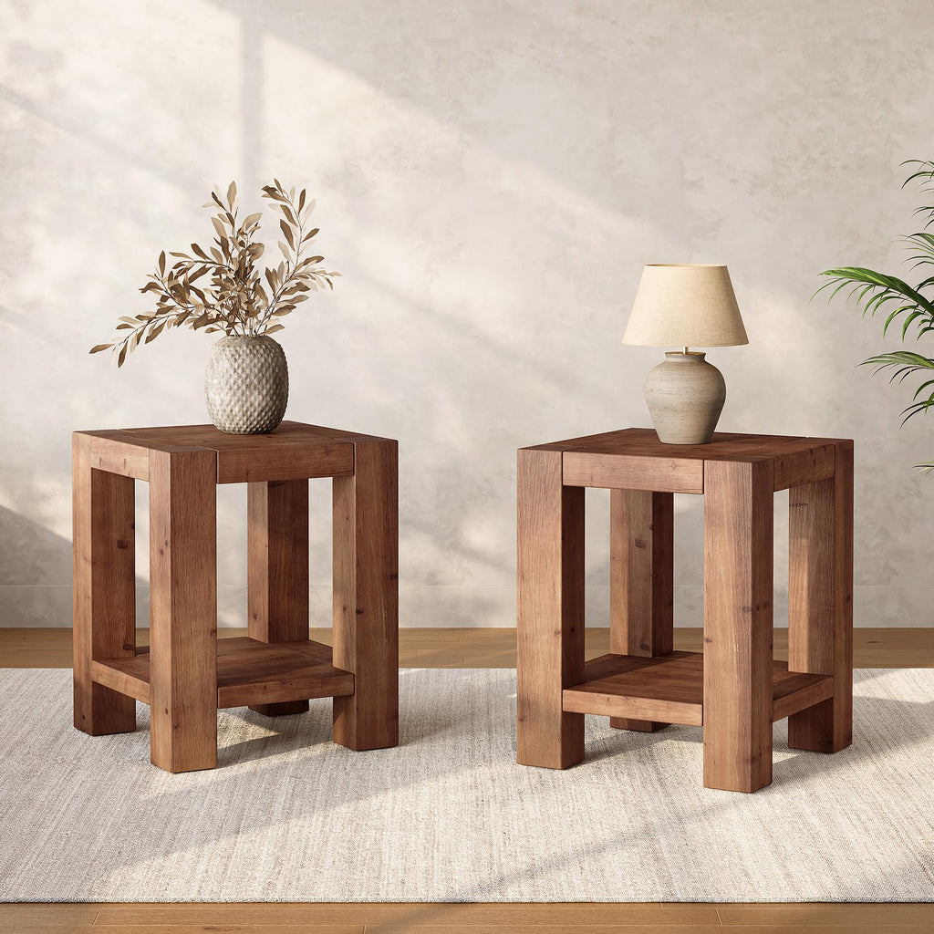 Solid Wood 2-Tier Side Table Set of 2 with Storage Shelves S915498