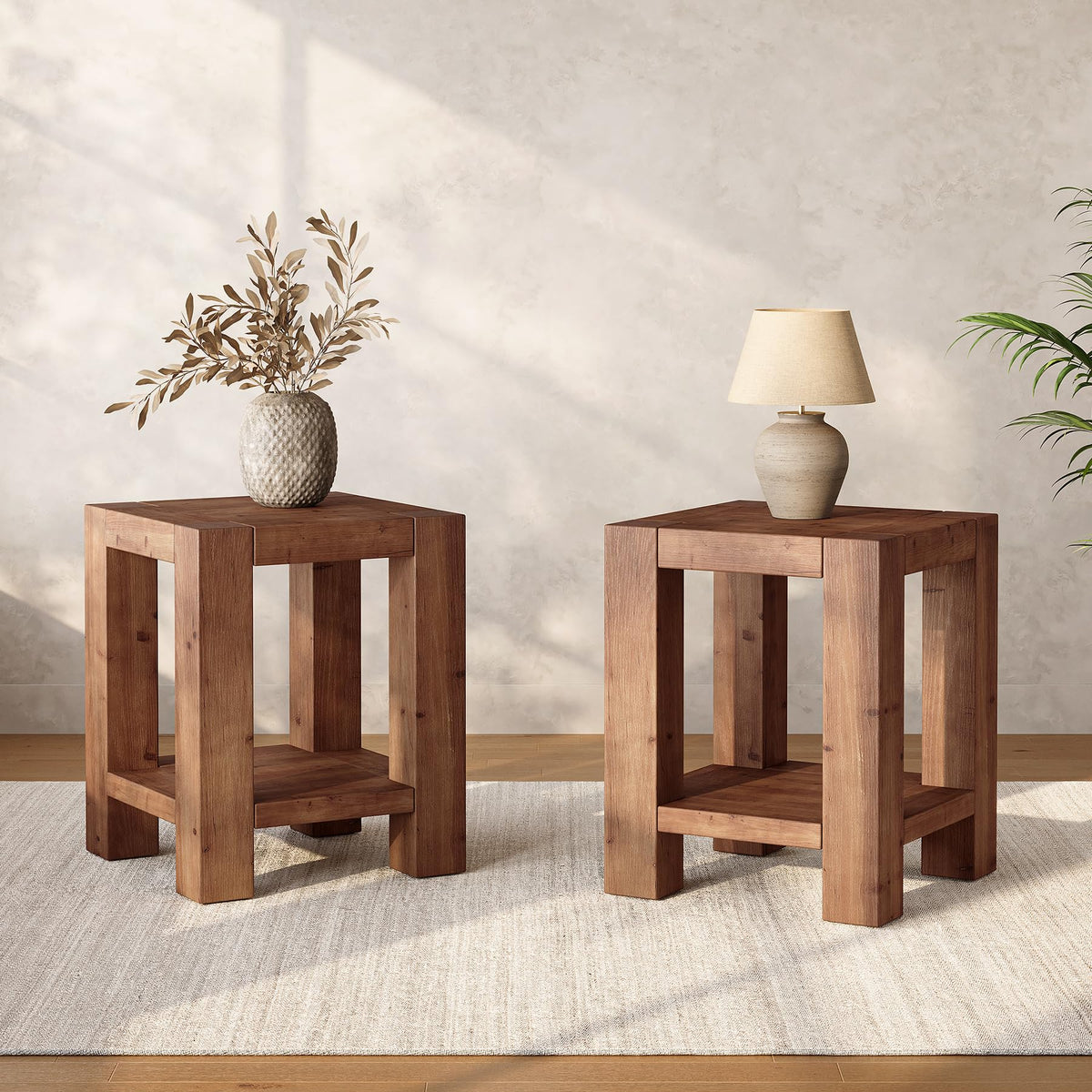 Solid Wood 2-Tier Side Table Set of 2 with Storage Shelves S915498